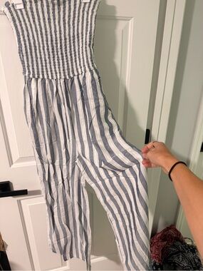 blue island Blue and White Striped Smocked Jumpsuit